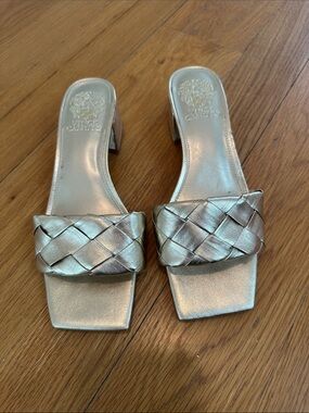 Vince Camuto Gold Woven Strap Block Heel Slides
